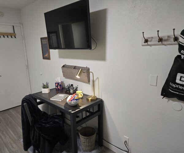 Desk in a small room with a wall-mounted TV, a gold desk lamp, and cluttered workspace including plant, tissue box, and mug; chair with dark blanket draped over it far left.