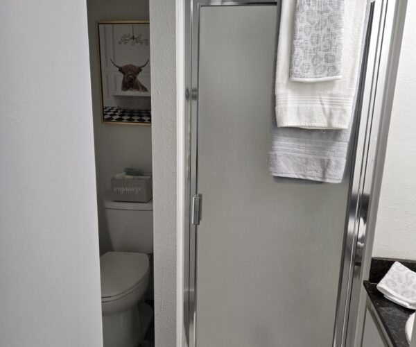 Small bathroom scene with a frosted glass shower door and a stack of white and gray towels hanging on the door; toilet and an artful framed picture visible in an adjacent area.
