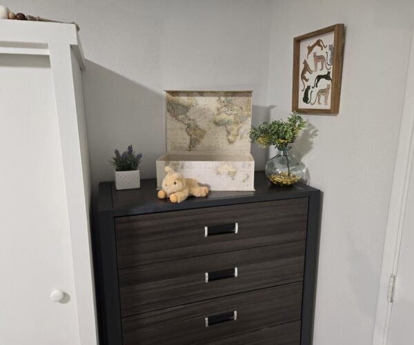 Dark wood dresser topped with a map-themed open box, a small plush teddy, a lavender plant in a square pot, and a glass vase with yellow flowers; framed animal art on the wall.