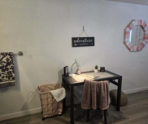 Wall-mounted home workspace with a black sign reading 'adventure awaits' hanging above a desk area; pink striped octagonal mirror on the right, towels on a rack, and a few small decor items on the desk including a lamp and plant.