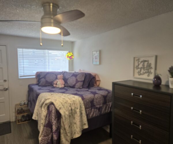 Bedroom with a purple patterned bedspread and a teddy bear sitting on the bed under a ceiling fan with a light on.