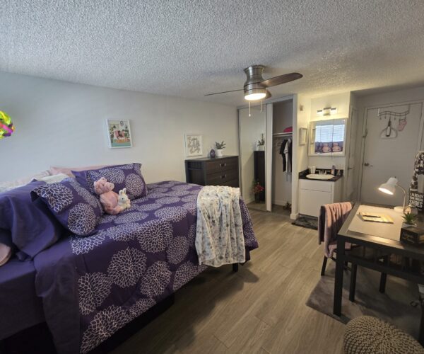 Bedroom with purple floral bedding, a ceiling fan, and a desk area; open closet and mirror on the wall in a tidy, modern room.