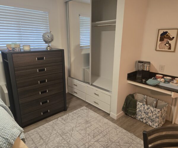 Bedroom corner with a tall dark wood dresser, globe, and gift box; white mirrored closet behind it.