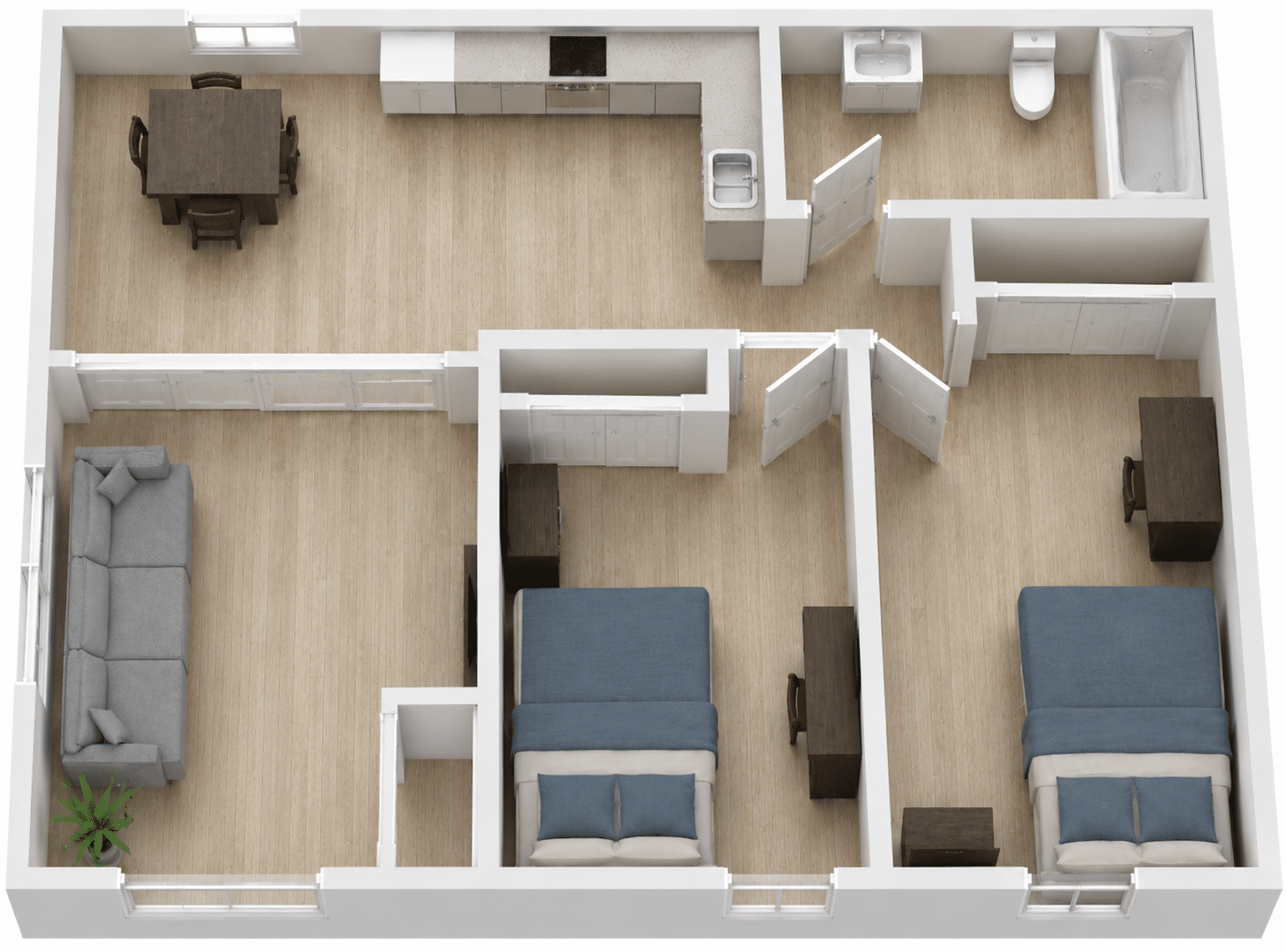 Top-down 3D floor plan of a two-bedroom apartment: open kitchen with dining table on the left, living room with a sofa, and a hallway leading to two bedrooms and a bathroom on the right.
