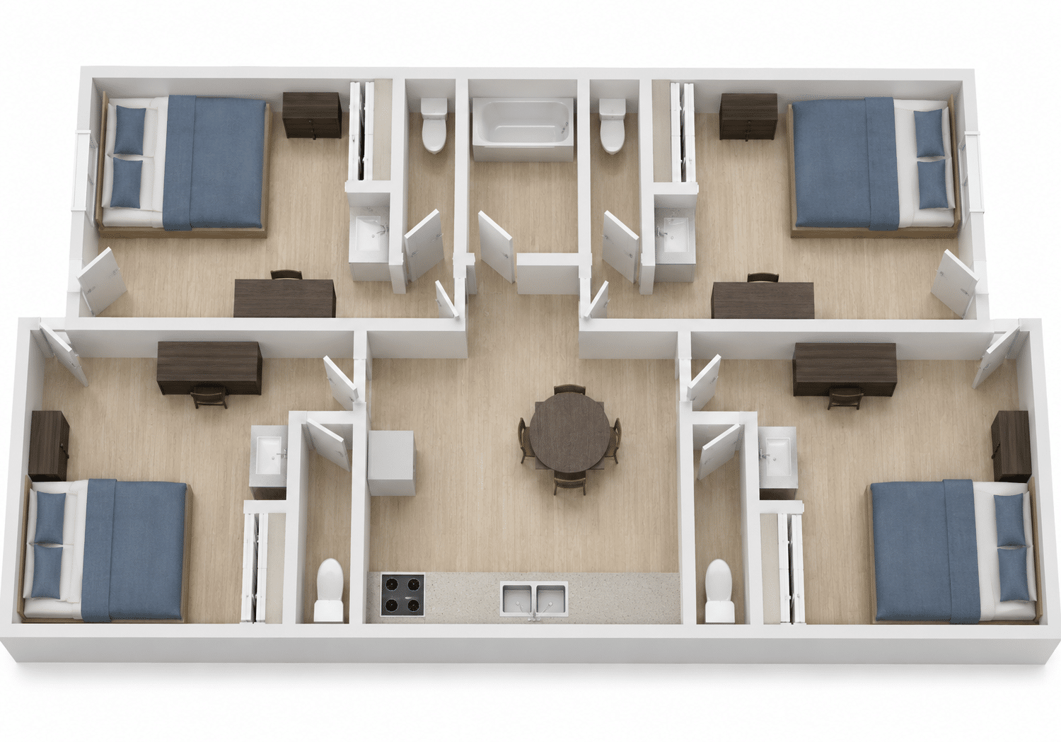Top-down 3D floor plan of a four-bedroom apartment with a central round dining table, kitchen, and two bathrooms.