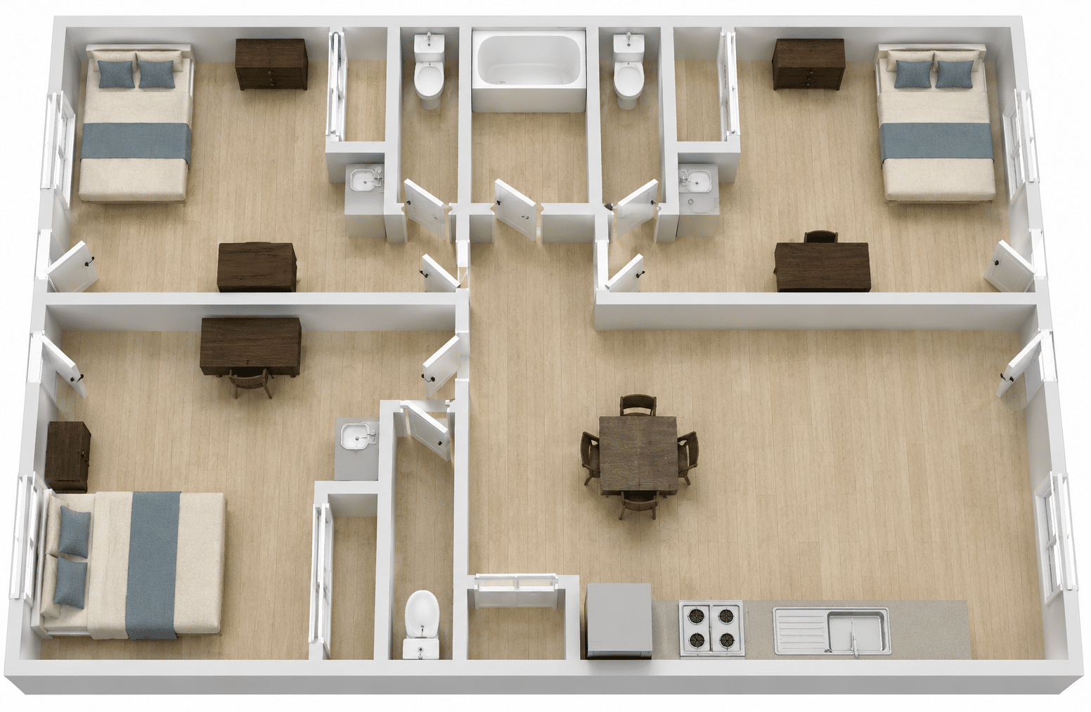 Top-down floor plan of a four-bedroom apartment with two bathrooms, a central hallway, and an open kitchen with a dining table.